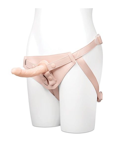 Together 6.75 Inch Realistic Suction Dildo Vanilla attached to a harness on a mannequin.