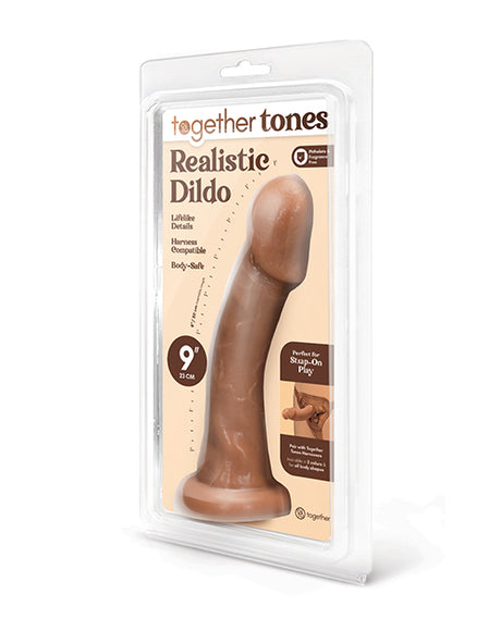 Together 9 Inch Realistic Dildo Suction Base Caramel in packaging with lifelike details for immersive satisfaction.