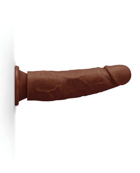 Together 7.75 inches Realistic Dildo Suction Base Dark in a lifelike design, mounted for pleasure use.
