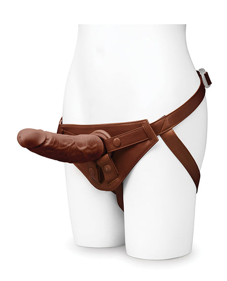 Together 7.75 inches Realistic Dildo Suction Base Dark in a harness for enhanced pleasure.
