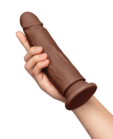 Together 7.75 inches Realistic Dildo Suction Base Dark held in hand showcasing its lifelike design and suction base.