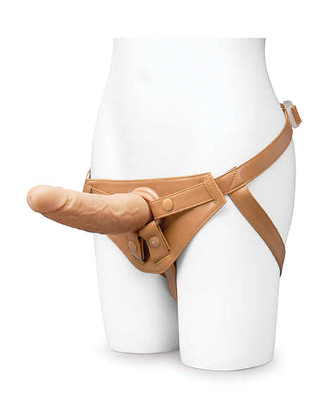 Together 7.75 Inch Realistic Dildo Suction Base Caramel attached to harness on mannequin.