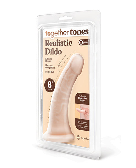 Together 8 Inch Realistic Suction Dildo Light packaged, featuring lifelike design and perfect for strap-on play.