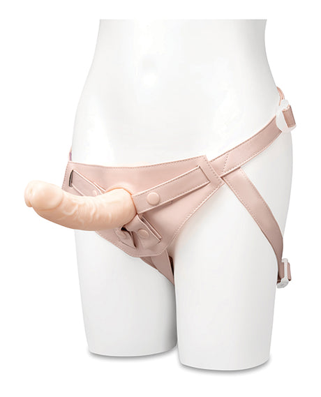 Together 8 Inch Realistic Suction Dildo Light in a harness on a mannequin for versatile intimate pleasure.