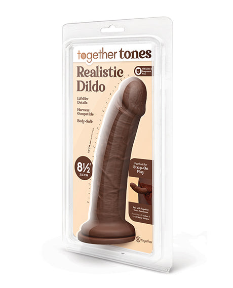 Together 8.5 Inch Realistic Dildo Suction Base Dark in packaging, showcasing lifelike details and sturdy suction base.