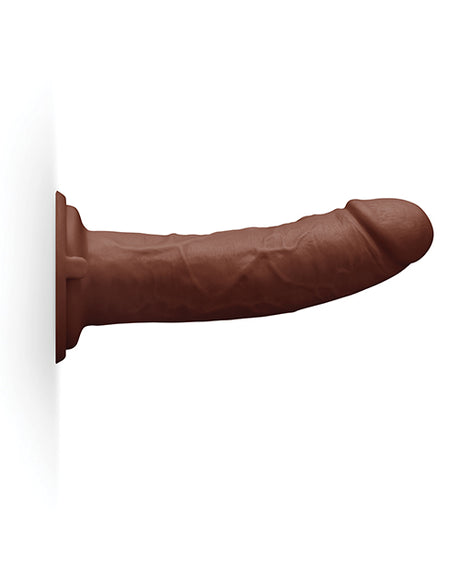 Together 8.5 Inch Realistic Dildo Suction Base Dark mounted on a wall.