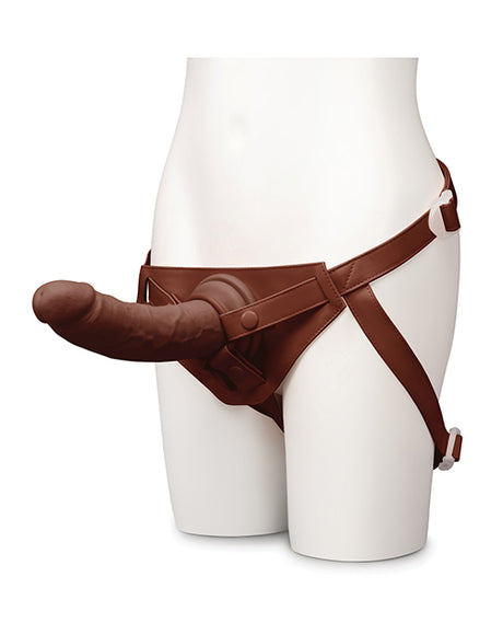 Together 8.5 Inch Realistic Dildo Suction Base Dark in a harness on a mannequin.