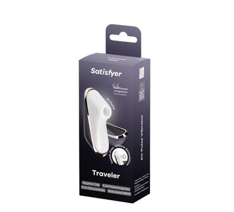 Satisfyer Traveler Air Pulse Clitoral Stimulator Black packaging displayed on a light background.