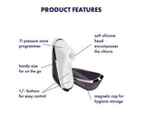 Satisfyer Traveler Air Pulse Clitoral Stimulator Black features 11 pressure wave programs and magnetic cap for storage.
