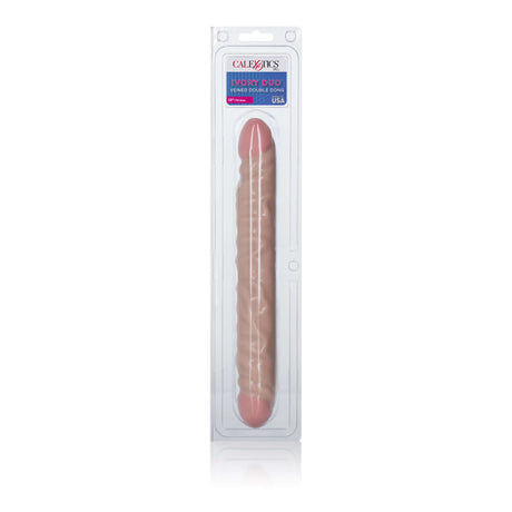 CalExotics Ivory Duo 12 Inch Veined Double Dong packaged and ready for intimacy and pleasure.