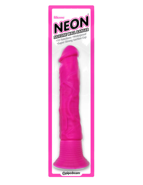 Neon Silicone Wall Banger Vibrating Dildo Pink with powerful suction cup and 10 vibration modes.