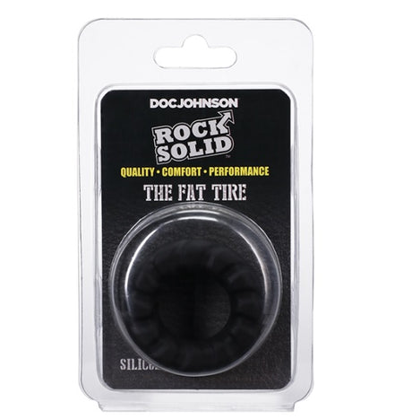 Rock Solid Fat Tire Silicone Cock Ring Black packaging showing rugged design for enhanced performance and comfort.