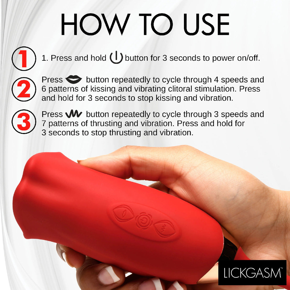 Magic Kiss Clitoral Stimulator Thrusting Vibrator Red usage instructions with buttons for kissing and thrusting functions.