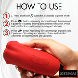 Magic Kiss Clitoral Stimulator Thrusting Vibrator Red usage instructions with buttons for kissing and thrusting functions.