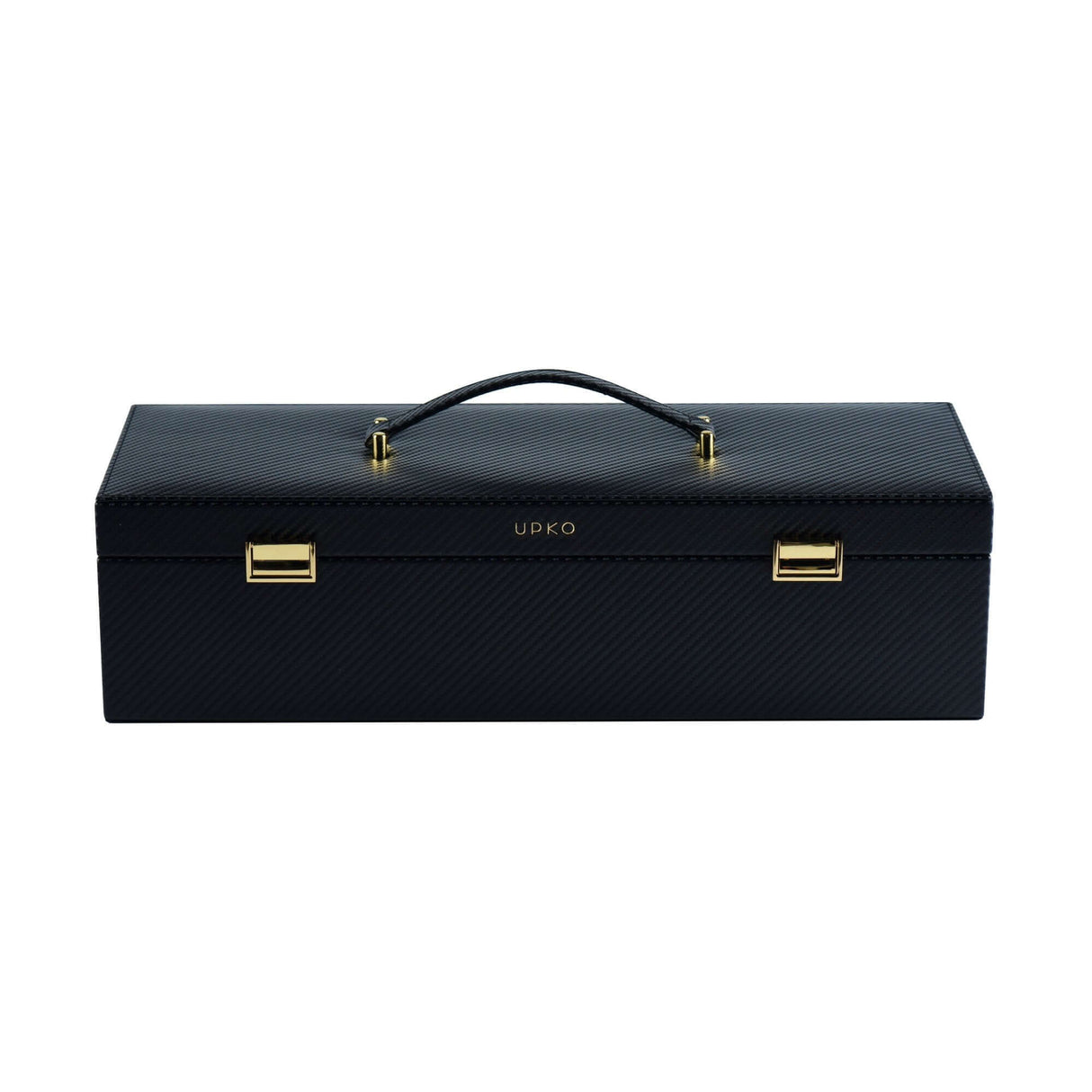 UPKO luxury black leather bondage tools case with handle and gold accents, perfect for BDSM accessories storage.