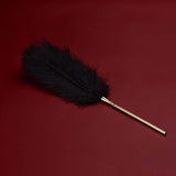 Soft black feather tickler with gold handle on a red background for sensual play and heightened arousal.