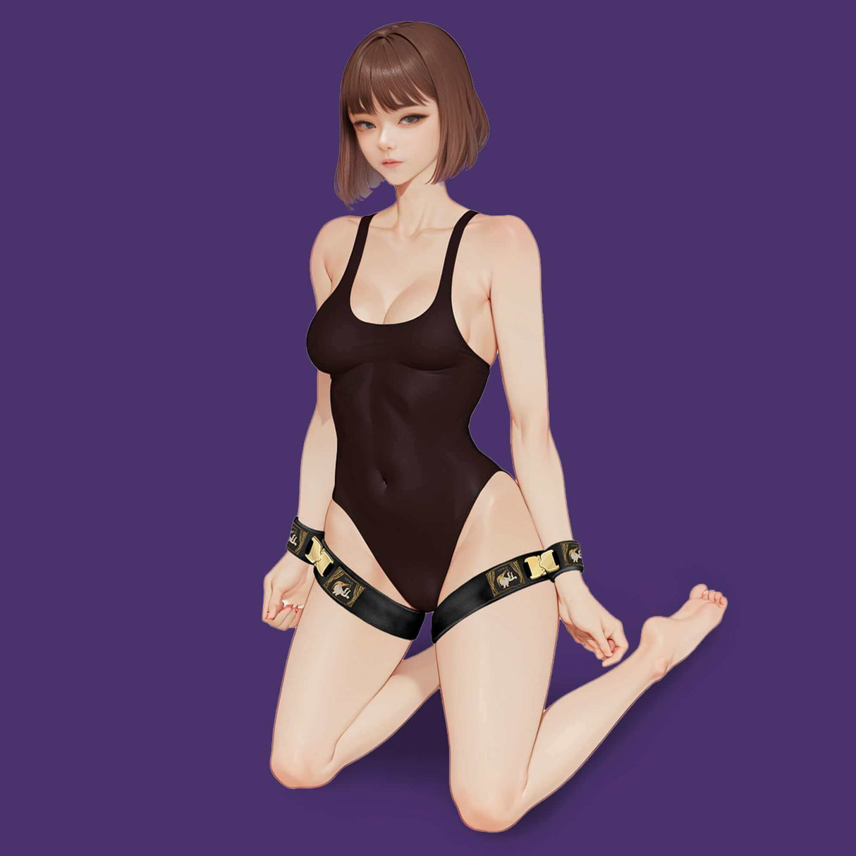 Model showcasing UPKO Clack Bondage Restraints Gear on a purple background, highlighting versatility and secure design.