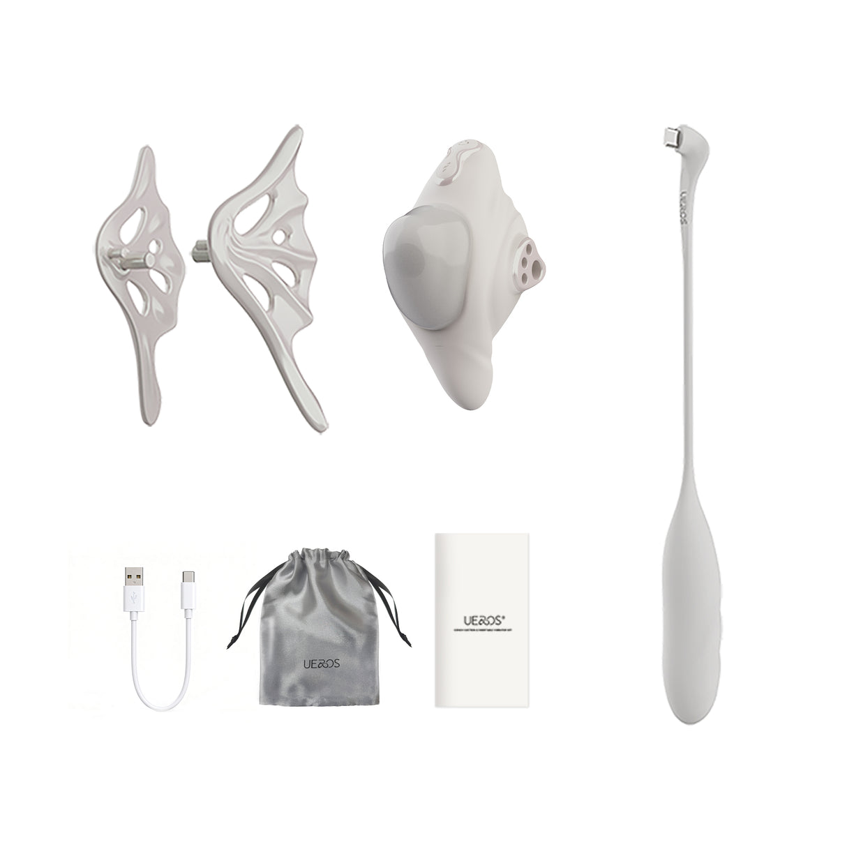 UEROS Suction & Insertable Vibrator Set Dual Function White including suction attachments and USB charger.