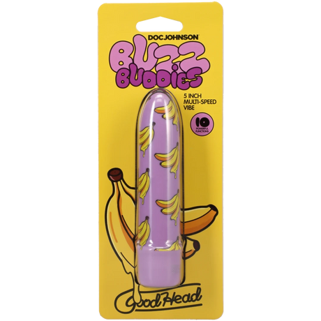 Goodhead Buzz Buddies 5 Inch Multi-Speed Banana Vibe by Doc Johnson in bright yellow packaging with playful banana design.