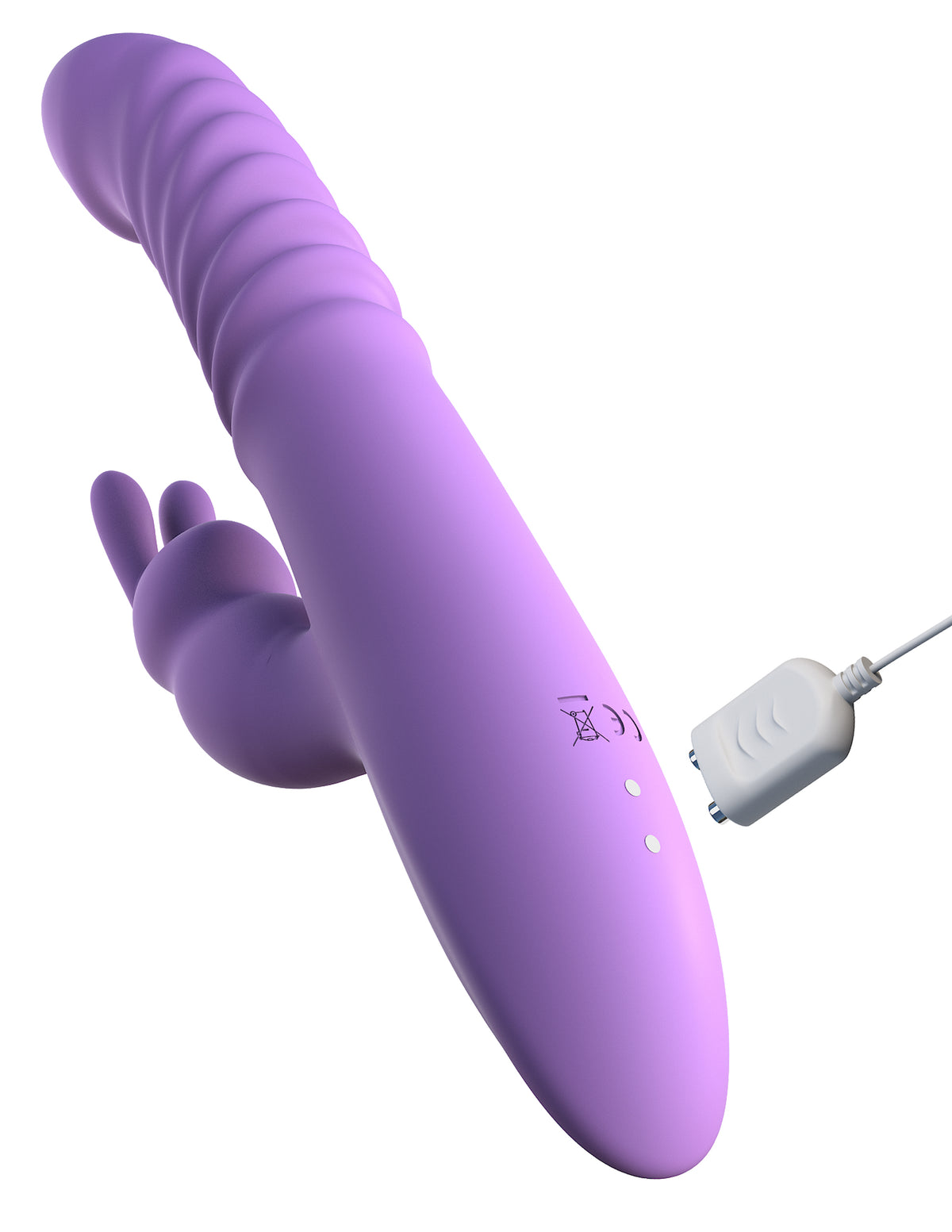 Fantasy For Her Thrusting Silicone Rabbit Vibrator Purple with charging cable, designed for dual stimulation.