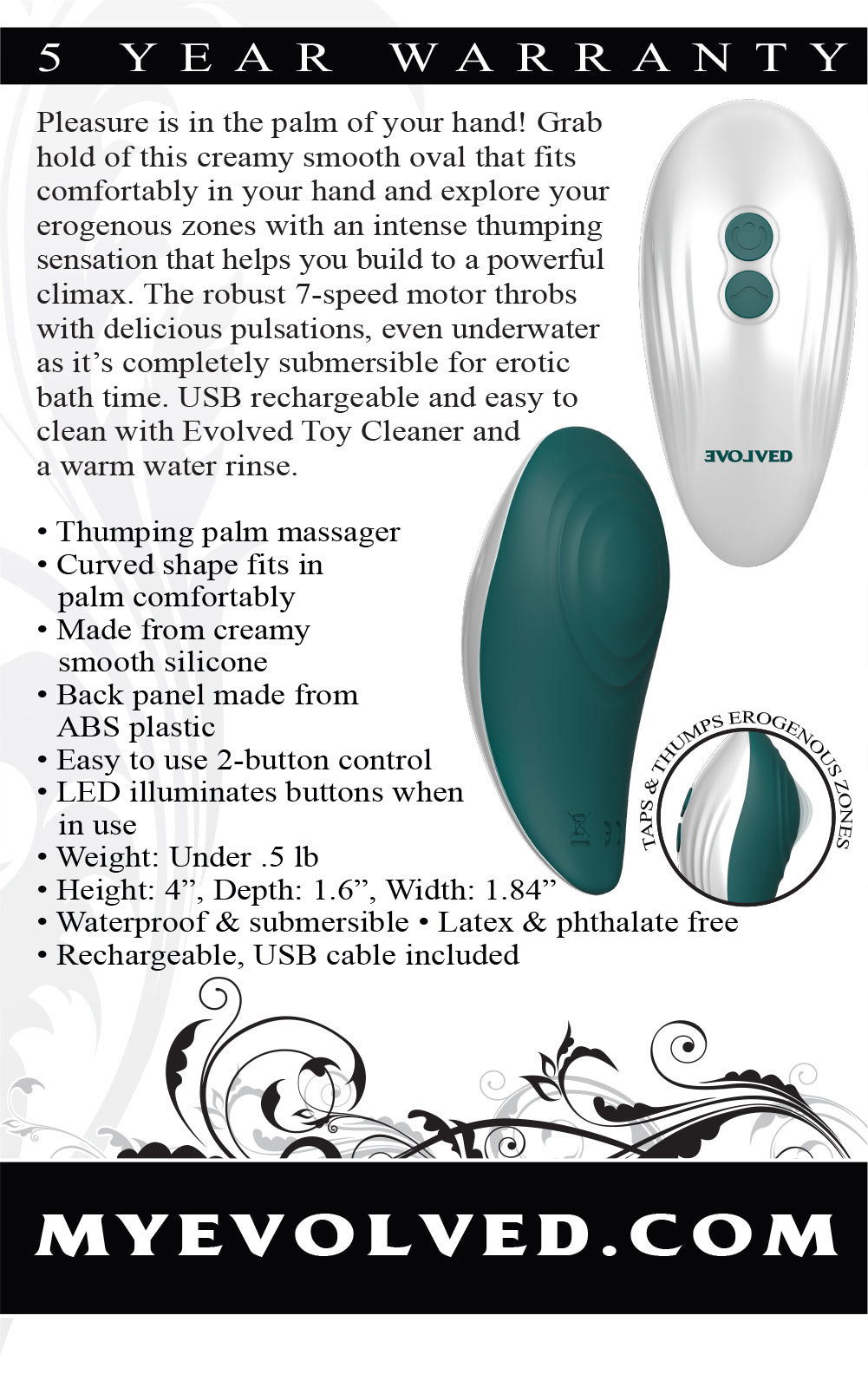 Evolved Palm Pleasure Teal Rechargeable Vibrator features a smooth design for targeted pleasure and a robust 7-speed motor.