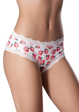 Magic Silk Sweet Treats Crotchless Boy Short 2XL Peach with playful peach print and lace trim.