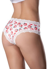 Magic Silk Sweet Treats Crotchless Boy Short 2XL Peach with playful peach print and lace trim, perfect for intimate wear.