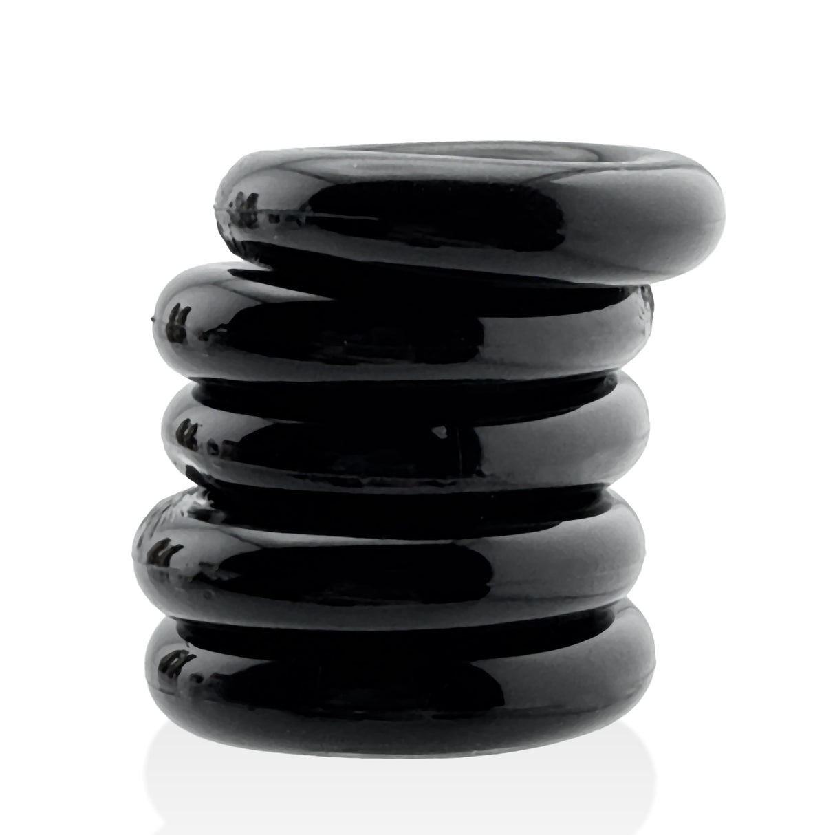Oxballs Jacker 5-Stack Five-Pack Tube Super-Strong Cockrings Black stacked in a convenient design.