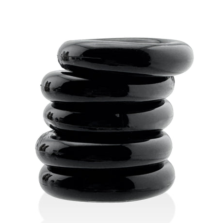 Oxballs Jacker 5-Stack Five-Pack Tube Super-Strong Cockrings Black stacked in a convenient design.