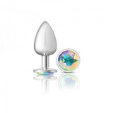 Cheeky Charms Round Clear Iridescent Large Silver Plug showcasing a silver aluminum body and iridescent acrylic gem.