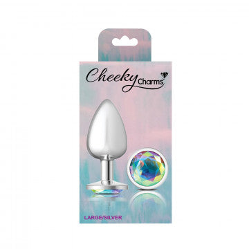 Cheeky Charms Round Clear Iridescent Large Silver Plug packaging featuring a silver anal plug with an iridescent gem.
