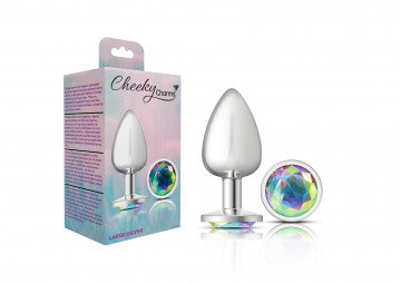 Cheeky Charms Round Clear Iridescent Large Silver Plug beside its packaging, showcasing its tapered design and colorful gem.
