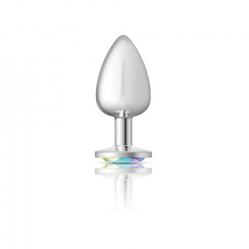 Cheeky Charms Round Clear Iridescent Large Silver Plug featuring a tapered design and sparkling acrylic gem.