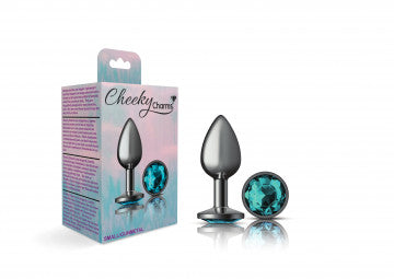 Cheeky Charms Round Teal Small Gunmetal Butt Plug with box showcasing its sleek design and sparkling gemstone.