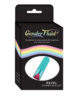 Gender Fluid Revel Power Bullet Aqua packaging with colorful design and sleek matte aqua bullet vibrator.