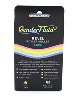 Gender Fluid Revel Power Bullet Aqua packaging showcasing features and colorful design.