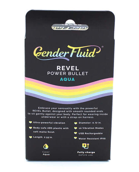 Gender Fluid Revel Power Bullet Aqua packaging showcasing features and colorful design.