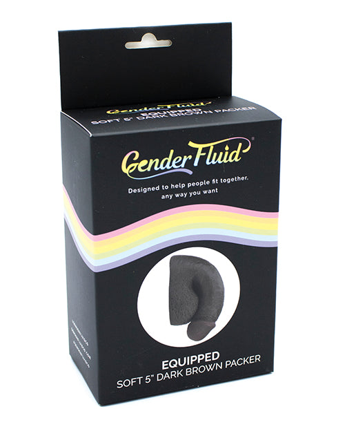 Gender Fluid 5 Inch Equipped Soft Packer Dark Brown packaging featuring a lifelike design and colorful box.