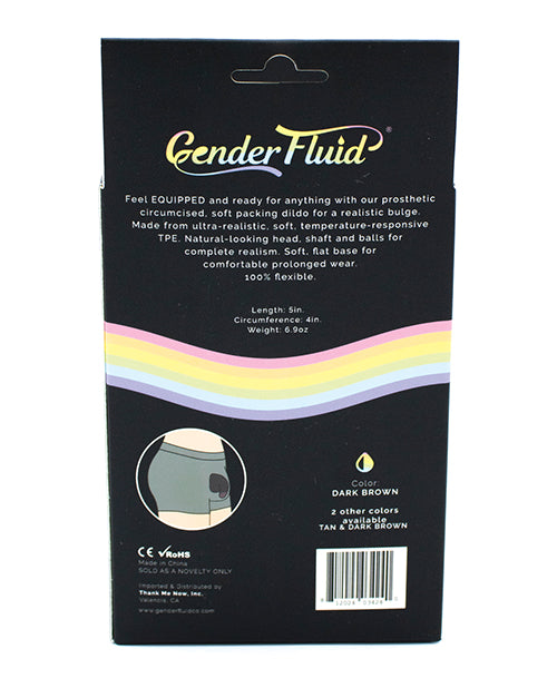 Gender Fluid 5 Inch Equipped Soft Packer Dark Brown packaging showing product details and colors.