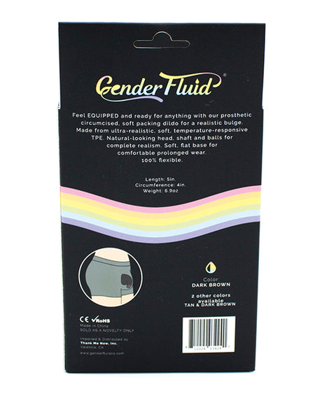Gender Fluid 5 Inch Equipped Soft Packer Dark Brown packaging showing product details and colors.