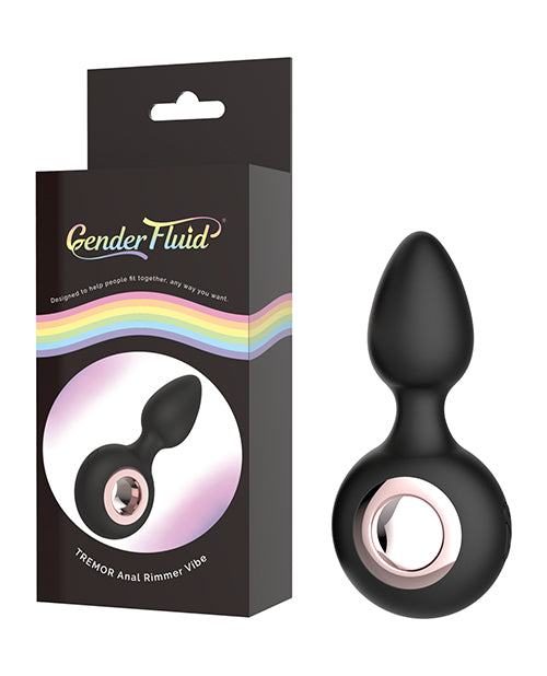 Gender Fluid Tremor Ring Plug Anal Vibe Black displayed with packaging, showcasing its sleek design and ergonomic features.