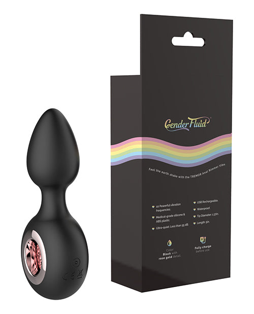 Gender Fluid Tremor Ring Plug Anal Vibe Black next to packaging, showcasing sleek design and features.