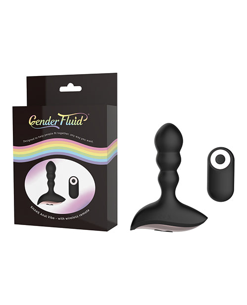 Gender Fluid Shake Anal Vibe with Remote Black in packaging, sleek design with wireless remote control.