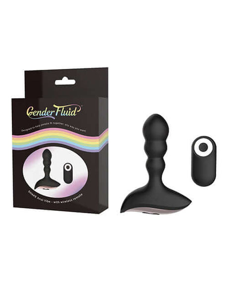 Gender Fluid Shake Anal Vibe with Remote Black in packaging, sleek design with wireless remote control.