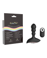 Gender Fluid Shake Anal Vibe with Remote Black packaging and remote control beside the sleek anal vibrator.