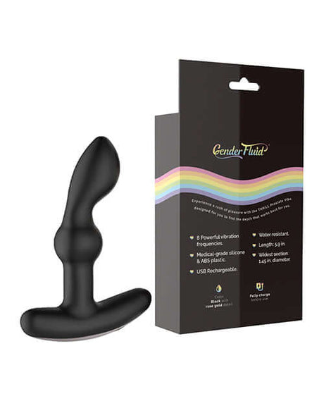Gender Fluid Thrill Prostate Vibe Black next to the packaging highlighting features and specifications.