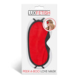Lux Fetish Peek-A-Boo Love Mask Red Velvet Blindfold packaging showcasing the alluring red velvet design.