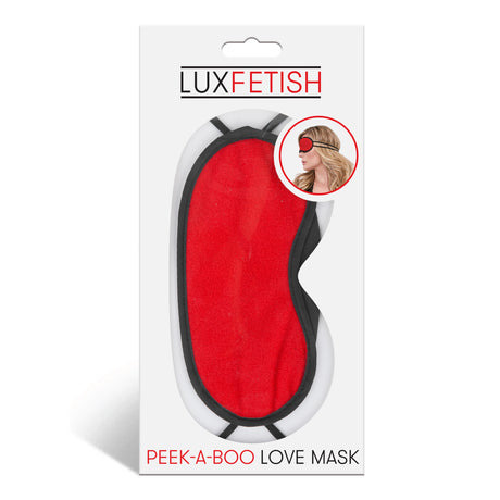 Lux Fetish Peek-A-Boo Love Mask Red Velvet Blindfold packaging showcasing the alluring red velvet design.