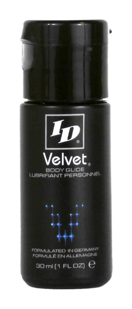ID Velvet Silicone Body Glide Lubricant 30ml bottle in black packaging for smooth intimacy.