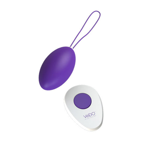 Vedo Peach Remote Egg Vibrator Into You Indigo with remote control in sleek purple design.